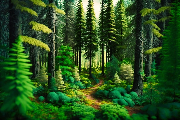 A view of the dense green forest with trees reaching for the sky