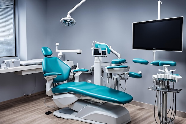 歯科医師の診療室の歯科機器を新しい近代的な歯科診療所の部屋で青いメディカルライトで歯科医が使用する歯科椅子とアクセサリーの背景スペーステキストの場所をコピーします