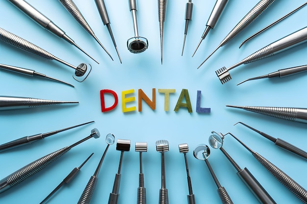 Photo view dental tools on white background dentistry instruments close up