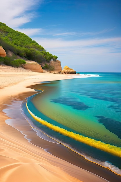 View of the deserted sandy beach on a Sunny day Western coast of Crimea