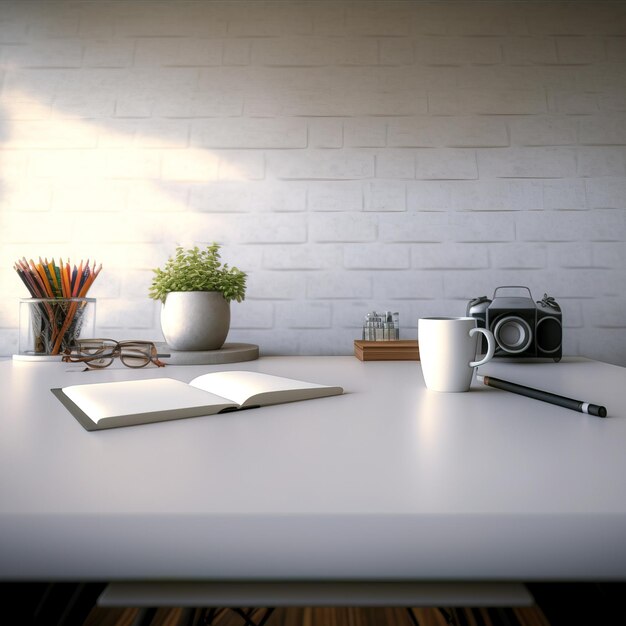 view of a desk with accessories minimalist workplace generative AI