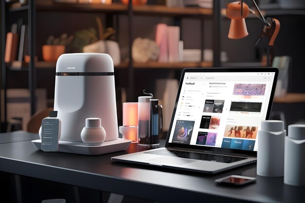 Photo view of a desk with a computer on top generated by ai