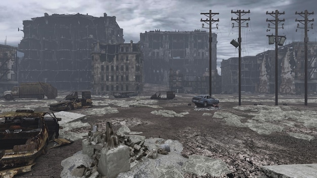 View of a destroyed post apocalyptic city, 3d illustration