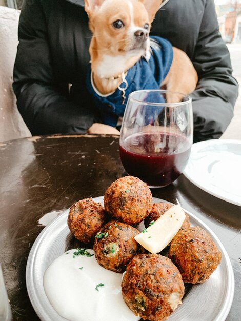 Foto vista di un cane con il pasto sul tavolo