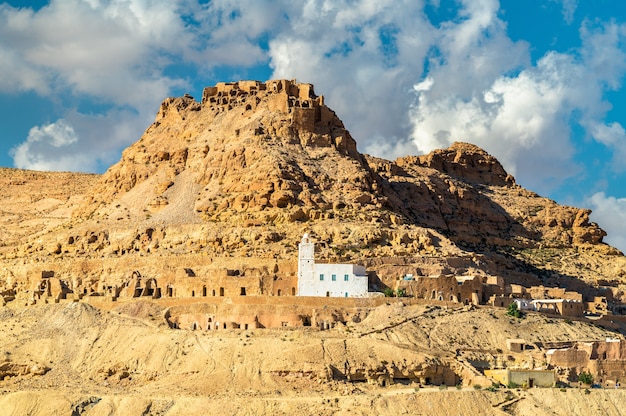 View of Doiret, a hilltop-located berber village in Tataouine Governorate, South Tunisia