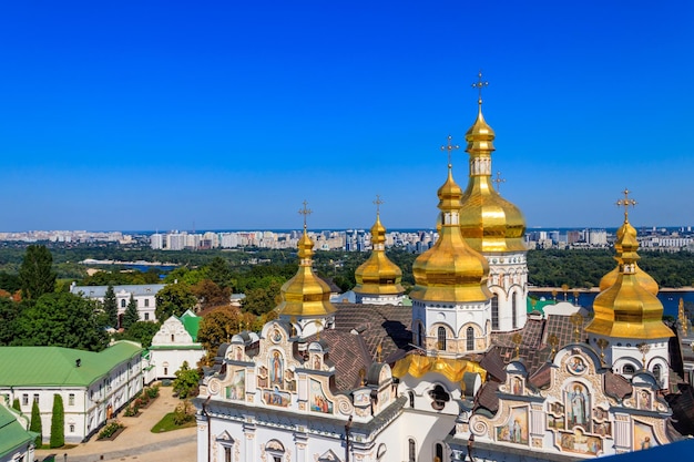 View of Dormition Cathedral of the Kyiv Pechersk Lavra Kiev Monastery of the Caves and the Dnieper river in Ukraine View from Great Lavra Bell Tower