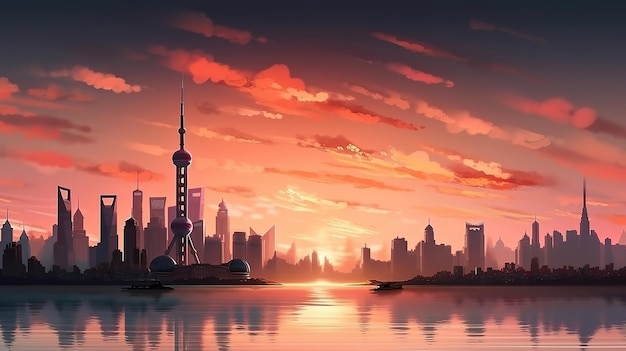 View of downtown Shanghai skyline bright color Generative Ai