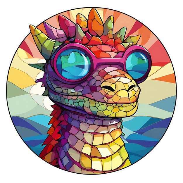 View of a Dragon Face in a circle of colorful Stained Glass Design