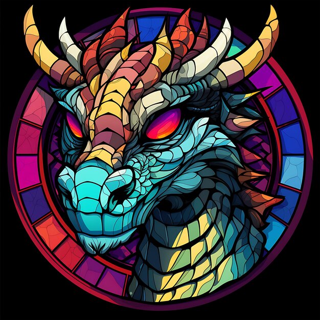 View of a Dragon Face in a circle of colorful Stained Glass Design