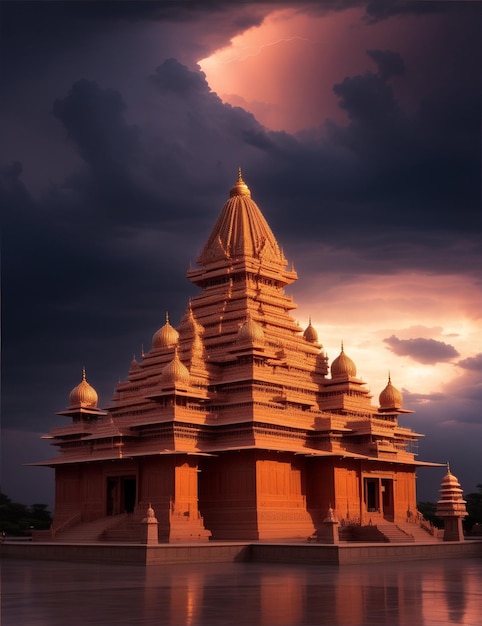 view of dramatic thunderous sky at dusk at center a closeup of large tall Swaminarayan Akshardham