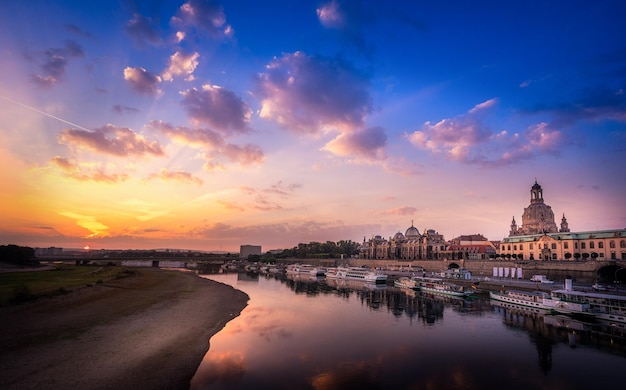 view of dresden waterfront at sunrise