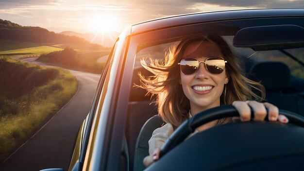 Photo view of a driving woman through sunroof