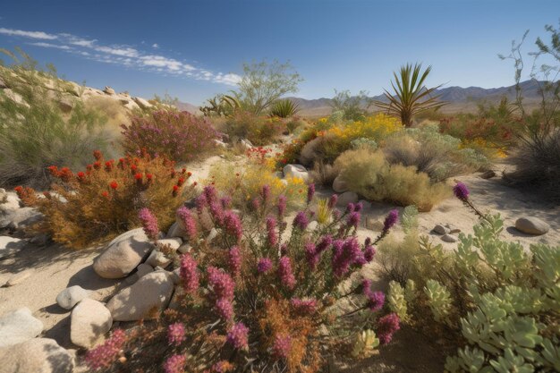 Foto vista di piante autoctone e tolleranti alla siccità che fioriscono nel deserto create con l'ia generativa