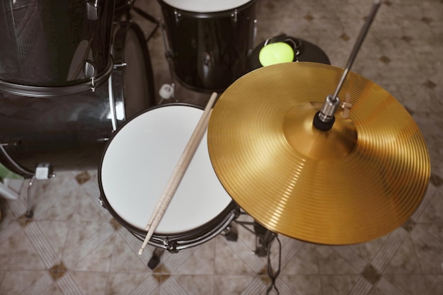 Above view of drum set in studio