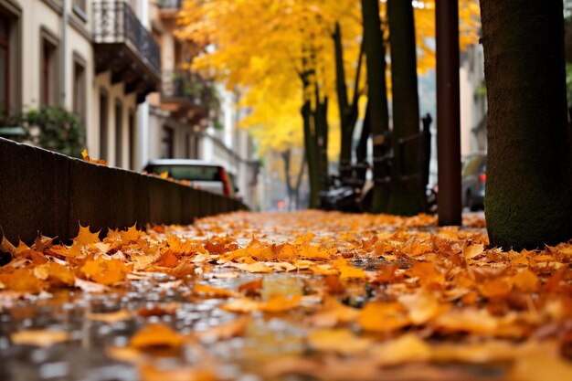 Вид сухих осенних листьев, упавших на тротуар