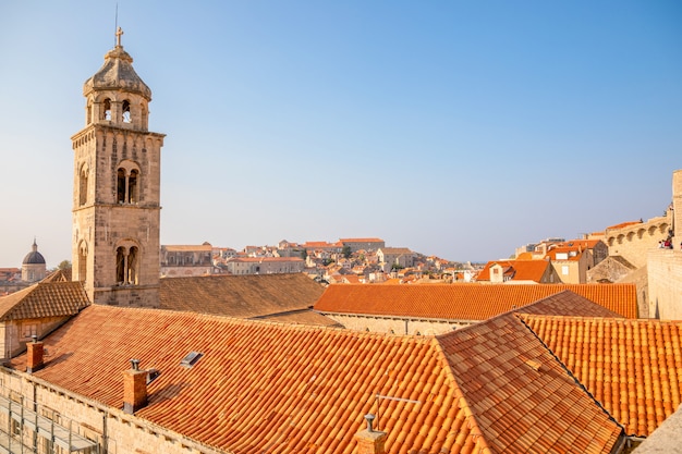 View of Dubrovnik red roofs in Croatia at sunset light