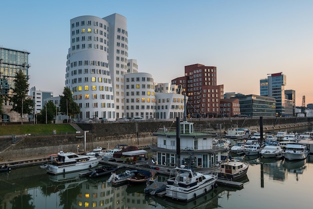 view of the Dusseldorf Medienhafen at a summer Sunset. ideal for websites and magazines layouts