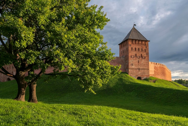 View of the Dvortsovaya Tower of Novgorod Kremlin on sunny summer day Veliky Novgorod Russia