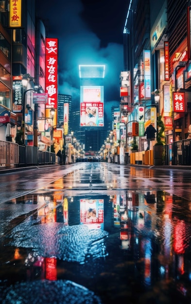 Premium AI Image | View of a Dynamic Tokyo Street at Night