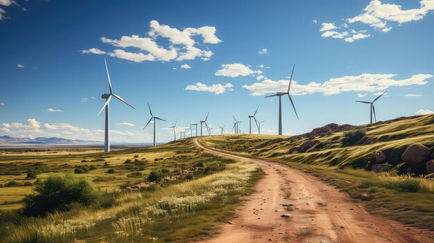 View of a dynamic wind farm at sunset sustainable energy