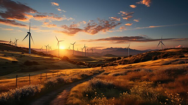 日没時のダイナミックな風力発電所の眺め 持続可能なエネルギー