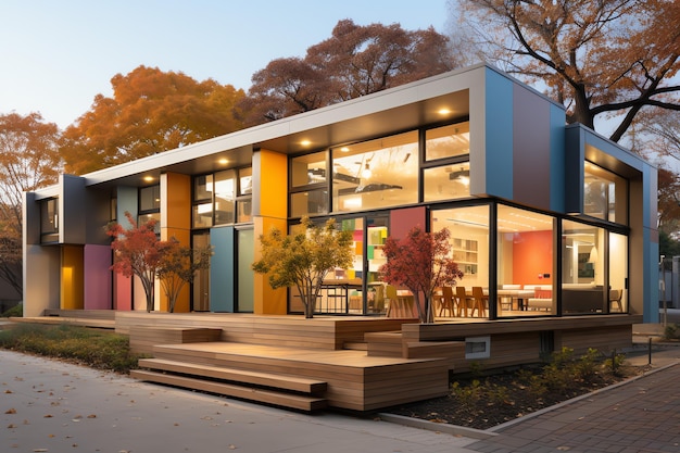 Вид на здание для обучения детей младшего возраста Дизайн с современным внешним видом из дерева и плоской крышей