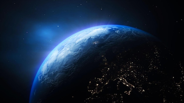 Вид на землю из космоса с голубой планетой на заднем плане
