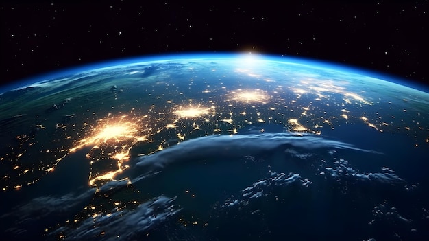 A view of the earth from space with the city lights visible.