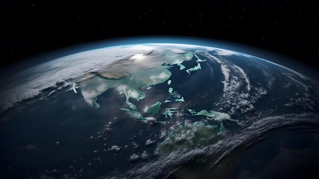 Вид на землю из космоса с землей на переднем плане.