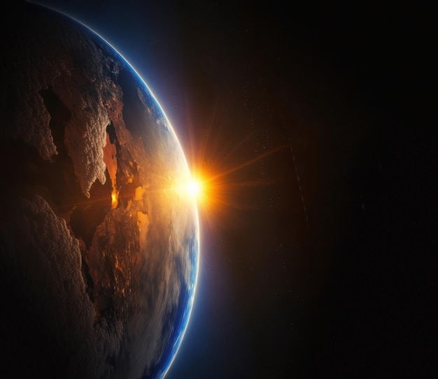 A view of the earth from space with the sun setting over the horizon.