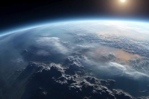 Вид на землю из космоса с солнцем, сияющим на горизонте.