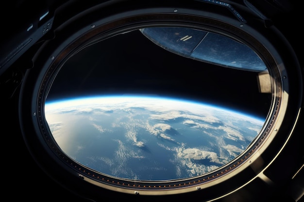 A view of earth from a window of a space station.