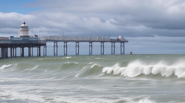 View of eastbourne pier in england with strong waves in the ocean