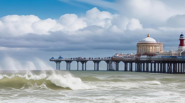 Foto vista del molo di eastbourne in inghilterra con forti onde nell'oceano