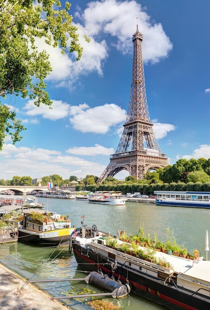 View of the Eiffel tower from the river Seine