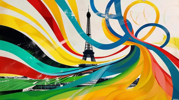 View of the eiffel tower paris france with abstract colorful flowing lines