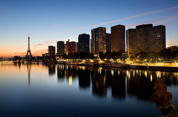 View of the Eiffel tower and Seine river at sunrise, Paris