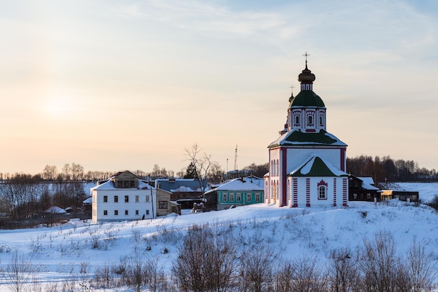 View of Elijah Church in Suzdal at winter sunset