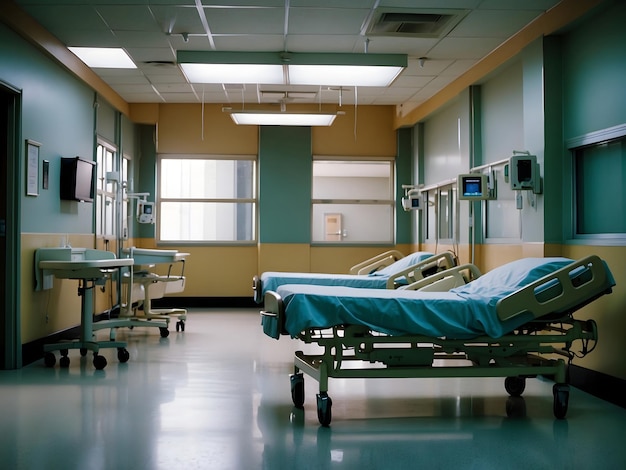 View of empty beds in an emergency room at a hospital