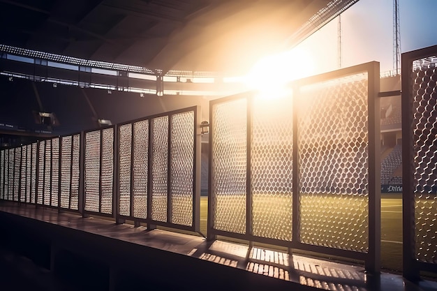 View of the empty gates of the stadium and cheering fans in the background backlit spotlights