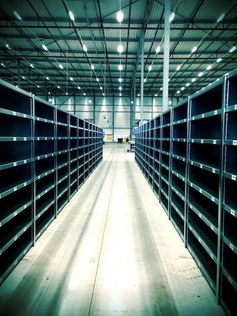 Photo view of empty racks in warehouse