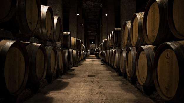 View of an empty way between dozens of wooden casks in the sides