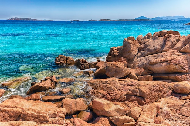 View over the enchanting beach of Capriccioli one of the most beautiful seaside places in Costa Smeralda northern Sardinia Italy
