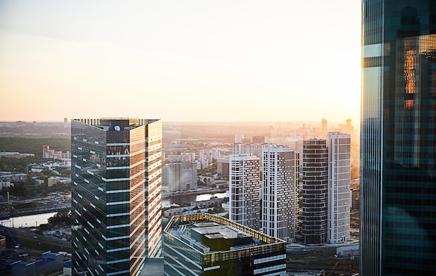 View of the evening city of Moscow from the high-rise tower of Moscow City.