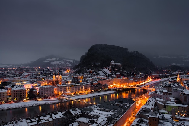 View of evening Salzburg in winter.