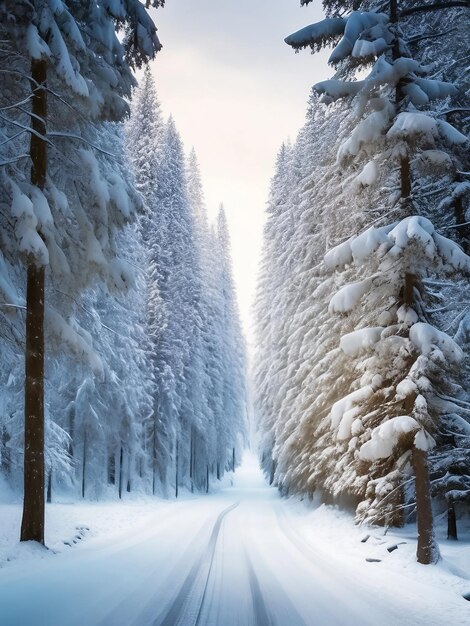 View of experience the serene beauty of a snowy forest as you travel down an empty road