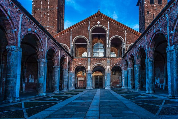 View of the facade of the historic basilica of santambrogio in milan