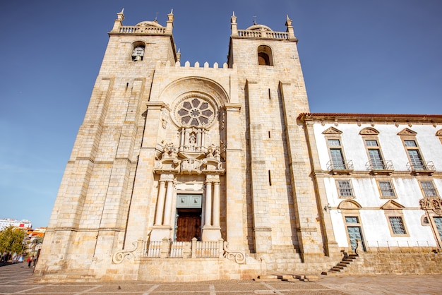 View on the facade of Se cathedral during the sunny day in Porto city, Portugal