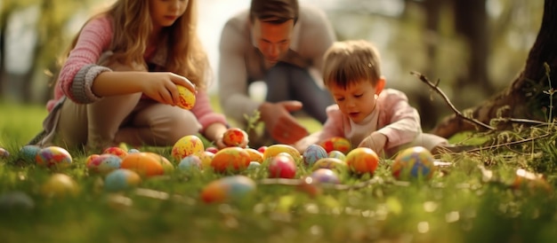 view of family playing colored eggs on the grass background