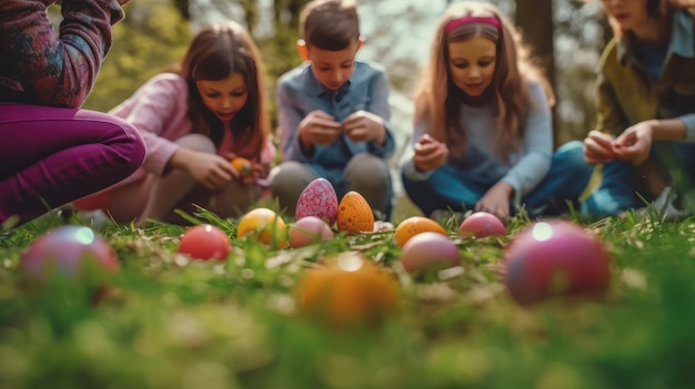 view of family playing colored eggs on the grass background